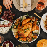 Food and wine on a table.